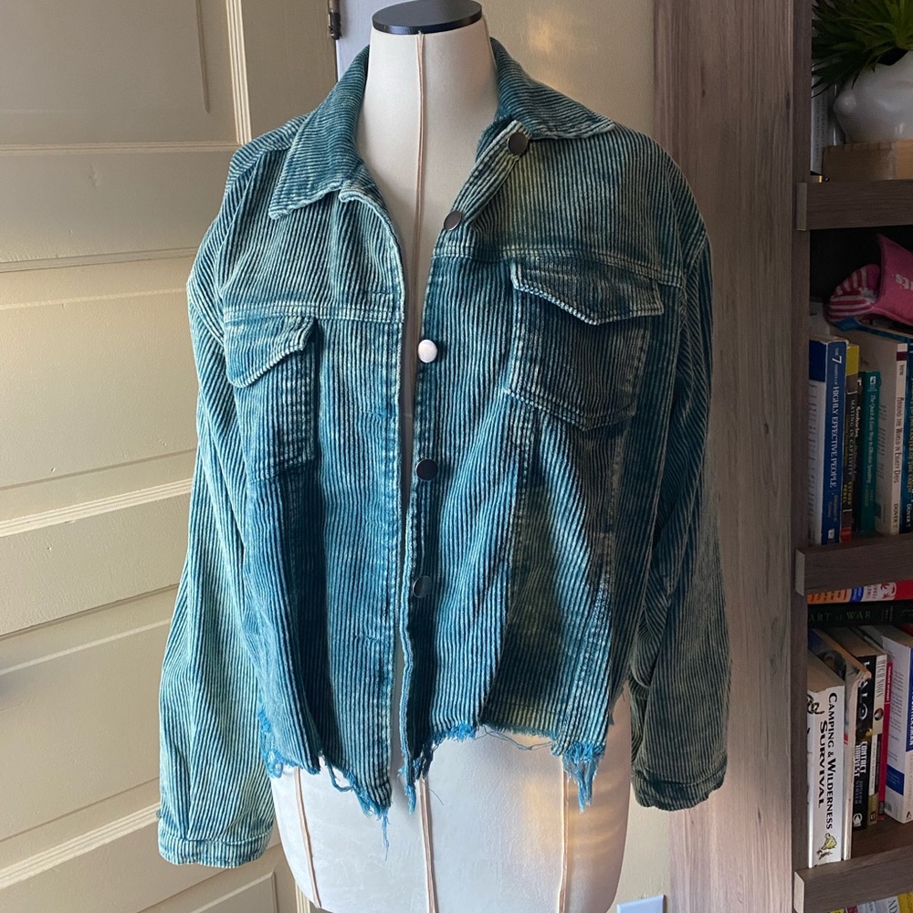 Vici Teal Corduroy Distressed Jacket